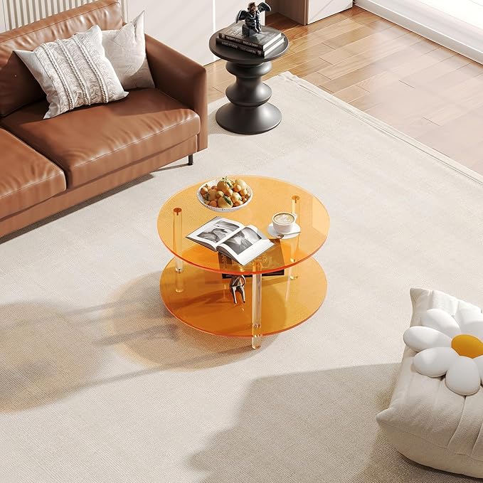 Acrylic Round Coffee Table, 23.6" Wide Modern Tea Table with Storage Shelf, 2-Tier Circle Center Table for Living Room, Office Reception and Apartment (Orange)