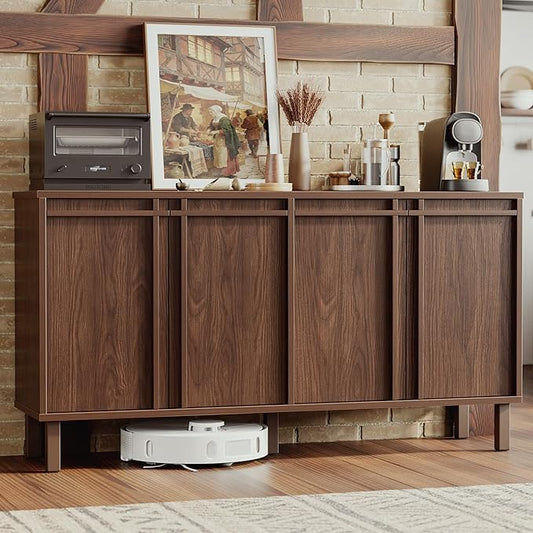 58" Sideboard Buffet Cabinet with Storage, 4 Doors, Adjustable Shelves, Wooden Mid Century Coffee Bar Cabinet for Kitchen, Living Room, Entryway, Walnut