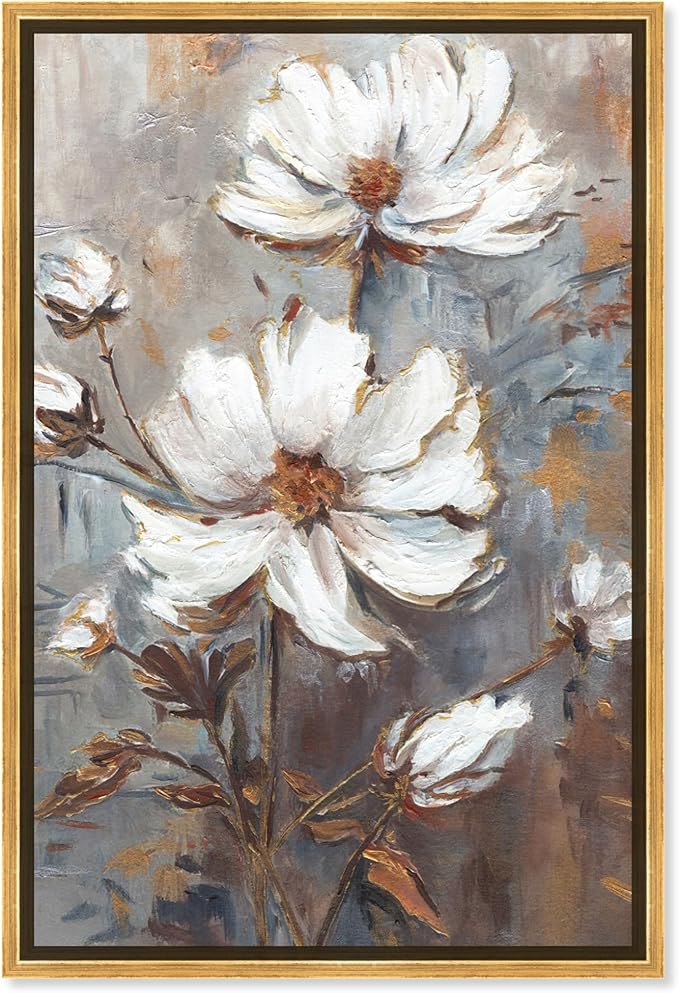 Art Remedy White Textured Flowers Canvas Elegant Floral Wall Art, Gold Frame, 16" x 24"