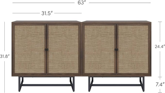 Nathan James Kova Bohemian Rattan Sideboard or TV Stand, Wooden Storage Cabinet with Doors, Walnut Sideboard Buffet or Rattan Accent Storage Cabinet with Matte Black Legs, Set of 2