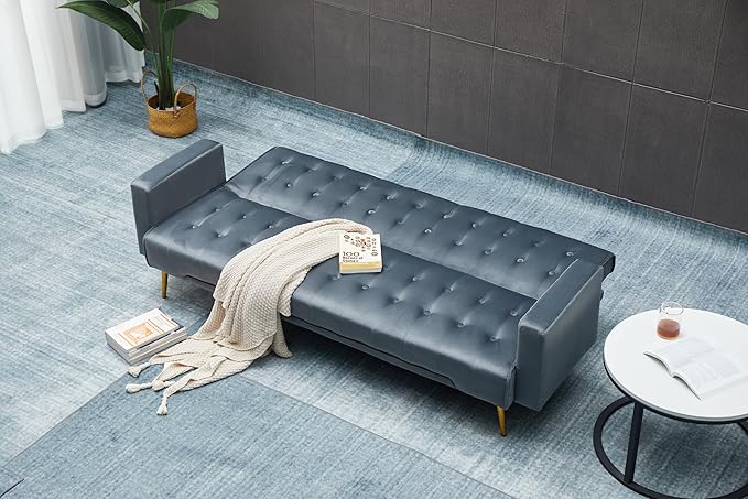Eafurn Convertible Futon Sofa Bed, 75″Velvet Fabric Futons Loveseat Couch with Adjustable Backrest, Folding Sleeper Recliner Daybed for Living Room Furniture | Golden Legs, Wood Frame