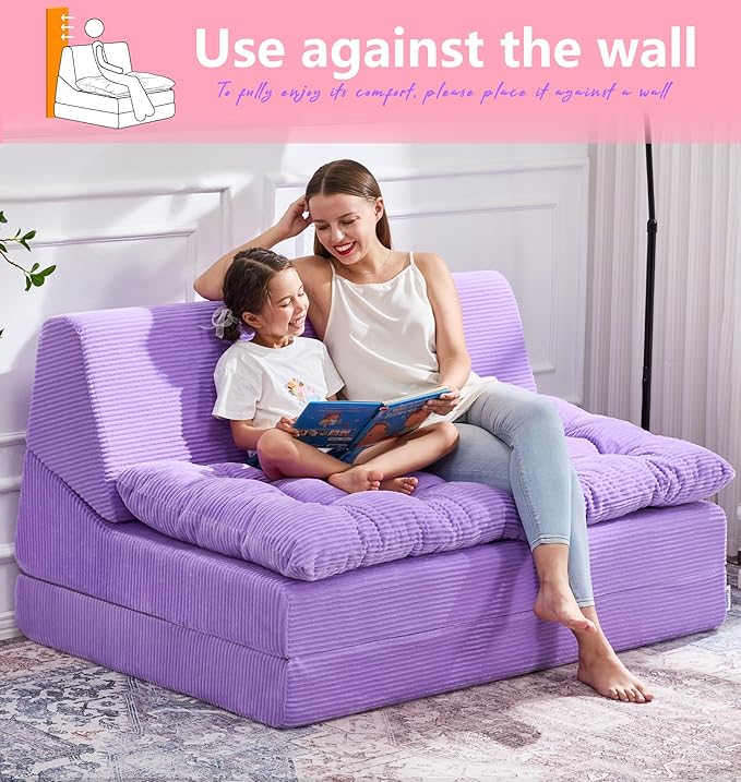 Hobestluk Sofa Couch Folding Sofa Bed Sleeper Comfy Floor Lounger Loveseat Sofa with Removable Cushion Couches Foldable Mattress for Living Room Bedroom or Office (Cordury Purple, Oversize)