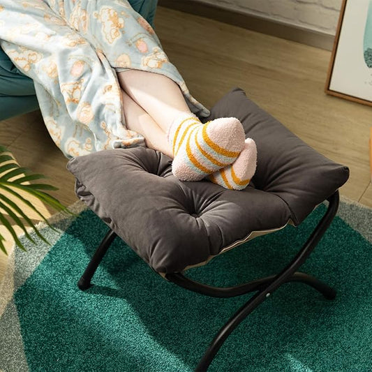 AbocoFur 15"(H) Folding Footrest Stool, Accent Padded Sofa Foot Stool for Lazy Chair, Upholstered Small Foldable Ottoman, Metal Frame Portable Foot Rest Ottoman for Living Room, Bedroom, Smoky Grey