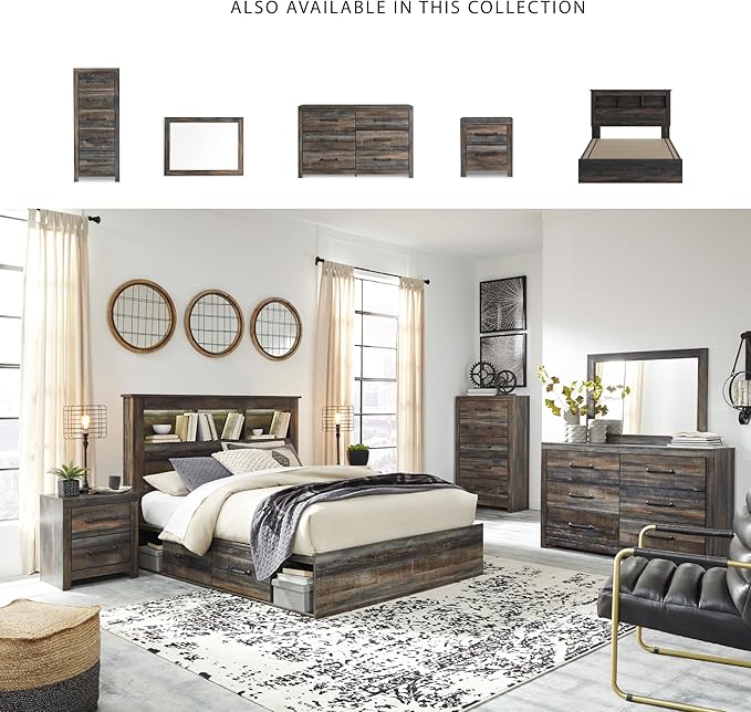 Signature Design by Ashley Drystan Rustic Queen Bookcase Bed with 4 Storage Drawers, Open Cubbies and LED Light, Foundation or Box Spring Not Needed, Dark Brown & Gray