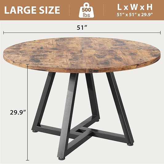 51“ Round Kitchen Dining Room Table for 6-8, Circle Dining Dinner Table with Pedestal Metal Frame, Space Saving Wood Industrial Furniture for Small Space (Rustic Brown)