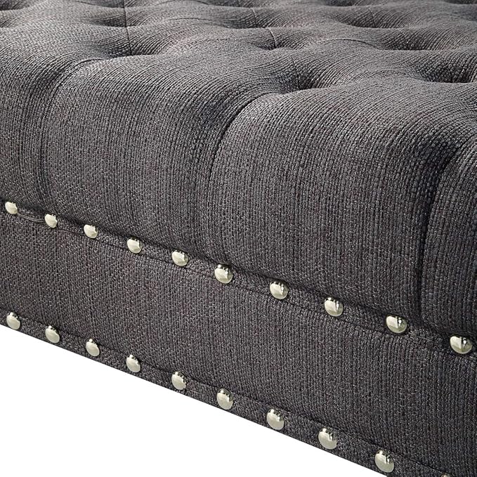 24KF Large Square Coffee Table Ottoman - Upholstered Tufted Button Linen Footrest Bench with Casters Rolling Wheels - Charcoal Gray