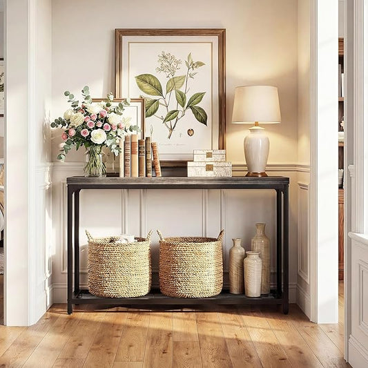 47" Console Table with Storage, 2 Tier Narrow Entryway Table, Sofa Table with Mesh Shelves, Console Tables for Living Room, Bedroom, Hallway, Entryway, Foyer, Oak Grey
