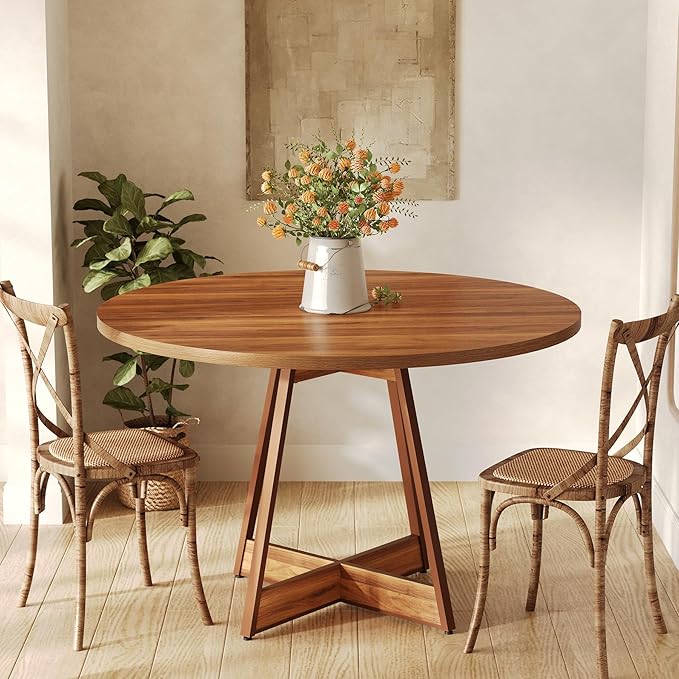 LITTLE TREE 39 Inches Round Dining Table for 2-4, Farmhouse Circle Kitchen Table for Dining Room, Wooden Dinner Table with Heavy Duty Pedestal, Small Bistro Table for Restaurant, Brown