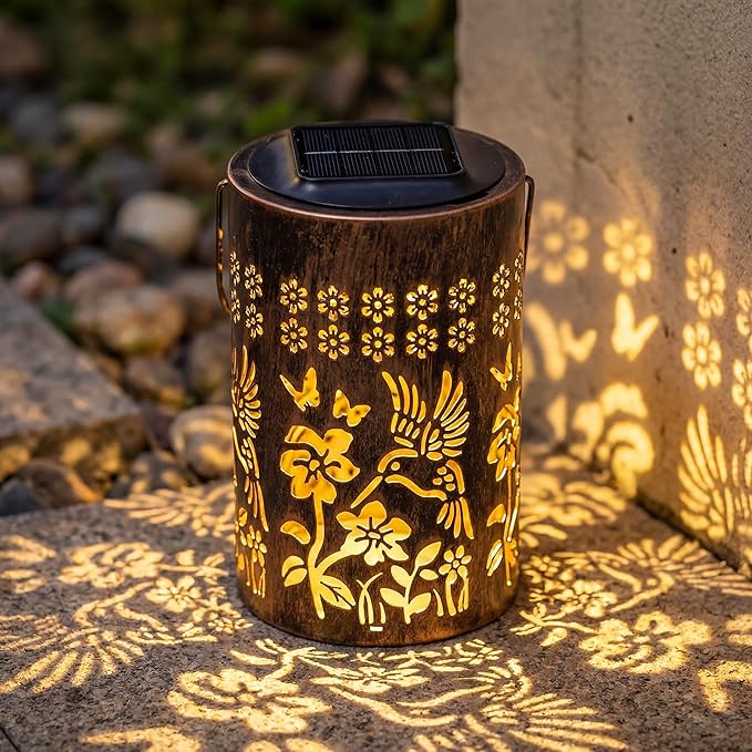 Solar Lanterns Outdoor Waterproof, Hummingbird Garden Decor Gift for Women, Mom or Grandma, Hanging or Tabletop Lantern with Vintage Copper-Color Finish for Patio, Porch and Backyard