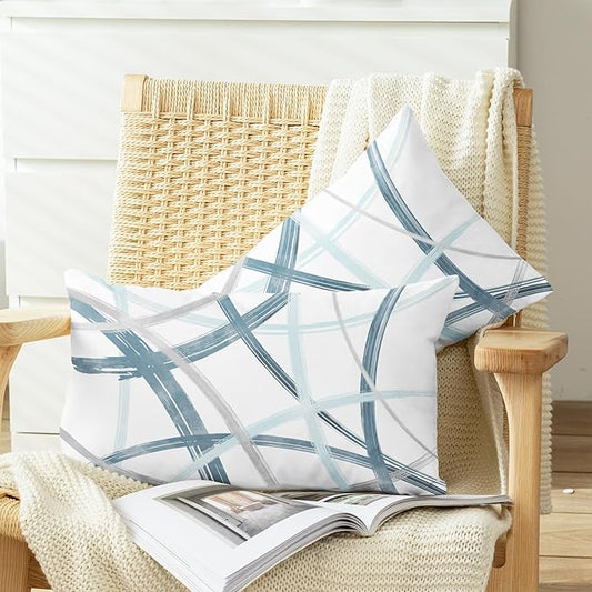 CaliTime Throw Pillow Cases Pack of 2 Cozy Fleece Arc-Shaped Abstract Geometric Lines Decorative Cushion Covers for Couch Bed Sofa Farmhouse Decoration 12 X 20 Inches Smoke Blue Grey