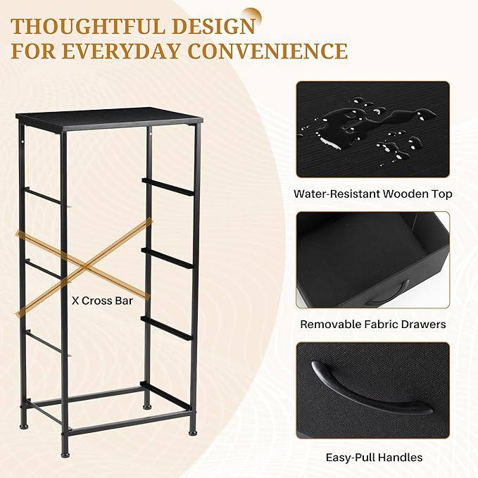 Nightstand with 4 Fabric Drawers, 37.4" H Tall Narrow Bedside Table with Wooden Top Steel Frame for Bedroom, Dorm, Closet, Living Room, Black