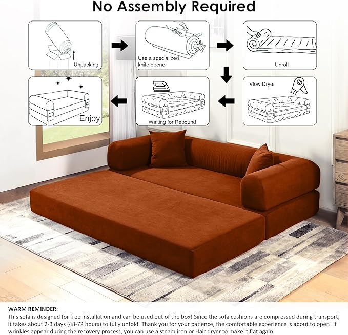 80" Convertible Sofa Bed, Corduroy Deep Seat Folding Pull Out Couch with Pillows, No Assembly Modern Boneless Couch Compression Sofa in Box, Floor Sofa with Storage Pocket for Living Room, Orange
