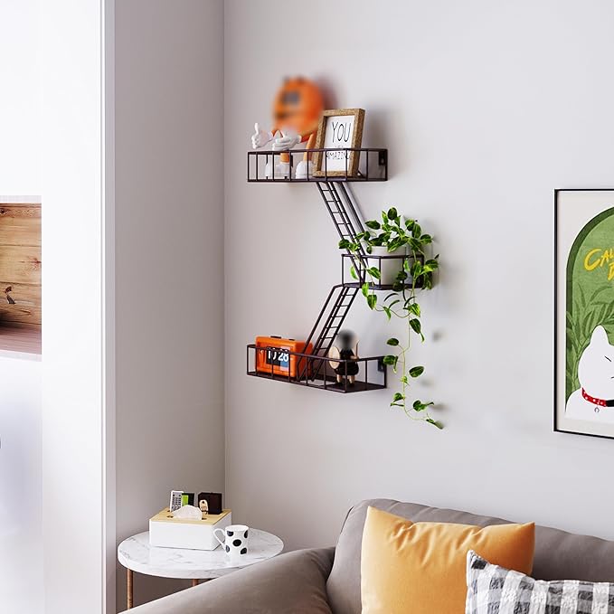 Fire Escape Wall Shelf with Baskets, 3-Tier Metal Fire Escape Ladder Shelf Wall Organizer, New York Inspired Decorative Shelf, Brown Floating Action Figurine Display Shelves for Bedroom, Home Décor