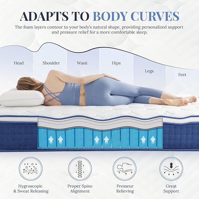 Twin XL Mattress, 12 Inch Twin XL Size Hybrid Mattress in a Box, Medium Feel Foam and Individual Pocket Springs, Extra Edge Support, Pressure Relief, CertiPUR-US, Blue