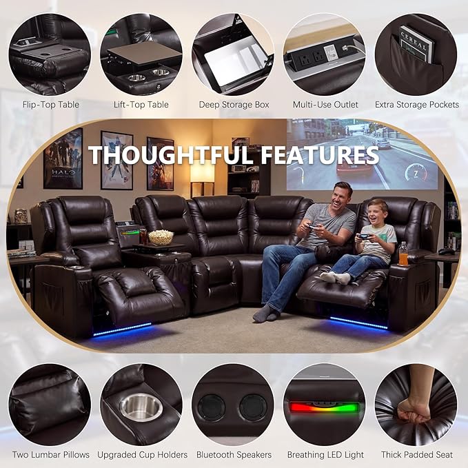 SAMERY Recliner Sectional Couch, Power Reclining Sectional Sofa, Wall Hugger Recliners RV Couch with Corner Couch, Flip-Backrest, Lift-Top Table, Ambient Lights, USB, Faux Leather, Brown | Extra Wide Seat, Plush Padding, Dual Power Recline, Lift-Up Tab...