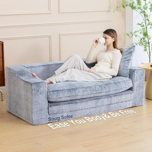 61" Convertible Sofa Bed Loveseat, Memory Foam Boneless Floor Couch with Removable Faux Fur Cover, Tri-folding Compact Full-size Sleeper for Small Living Room, Playroom, Guest Room, RV (White-on-Grey) | Convertible Sofa Bed, Premium Memory Foam, Ergono...