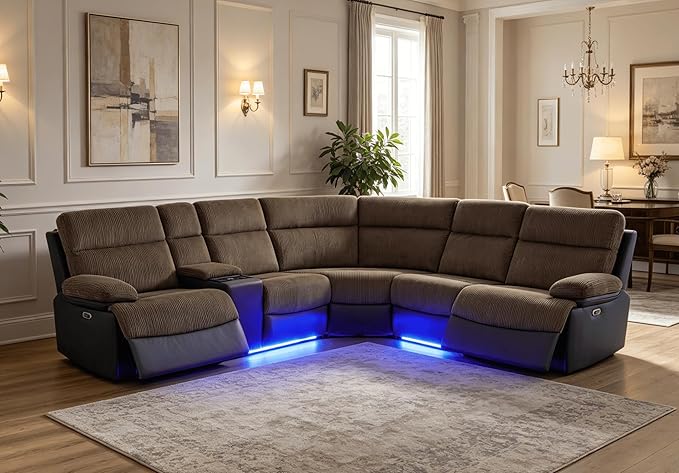 Power Reclining Sectional Sofa, 5 Seat Sectional Couch with Recliners, Soft Corduroy & Breathing Leather Sectional with 2 Recliners,USB Charging Ports,LED Light Strip, Living Room Furniture Set | Breathable material, LED Lighting