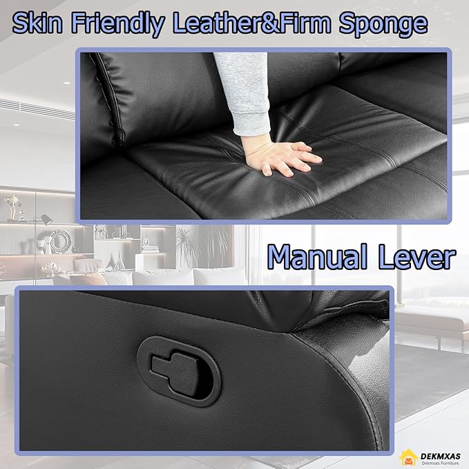 Modern Black Recliner Chair Bonded Leather Reclining Chair Home Theater Seating Living Room Furniture Manual Recliner Single Chair with Armrest & Lumbar Support for Home/Rv Car (Black, Chair)