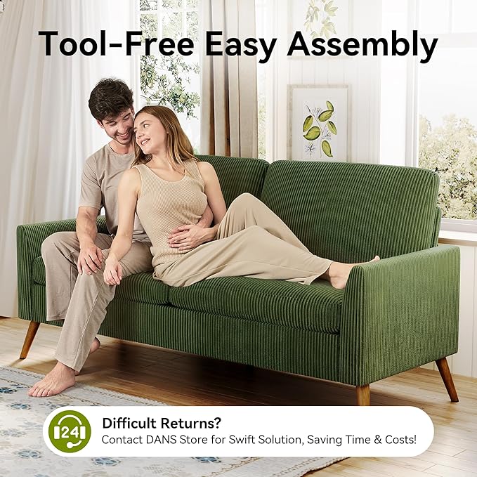 68" Loveseat Sofa, Comfy Green Corduroy Couches for Living Room, Mid Century Modern Love Seat Sofa, Tool-Free Setup Small Couches for Bedroom Office
