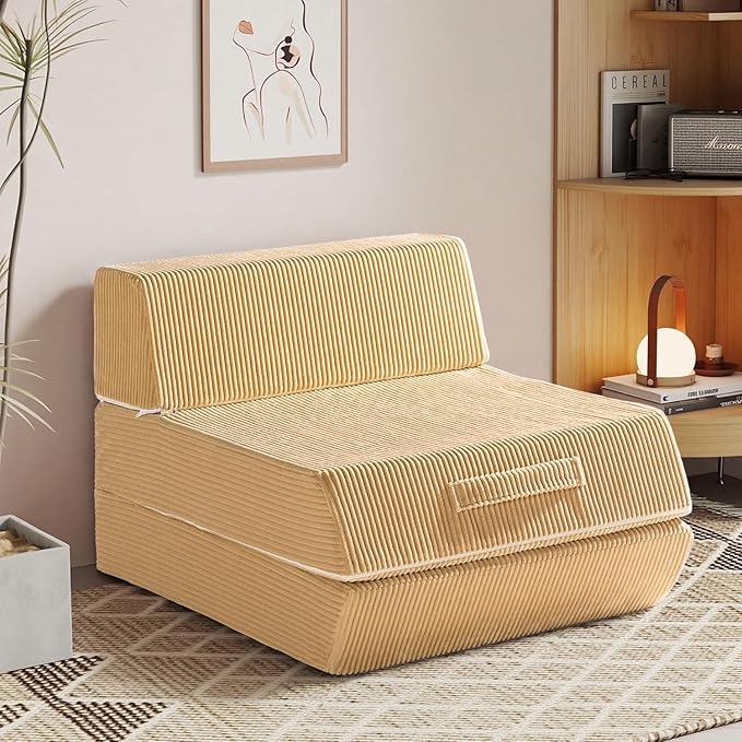 Trenda Folding Sofa Bed, 16lbs Convertible Sleeper Chair with Removable Back Pillow & Handle, Washable Cover Solid Foam Fold Out Chair Bed for Living Room, Apartment, Guest, Single, Camel