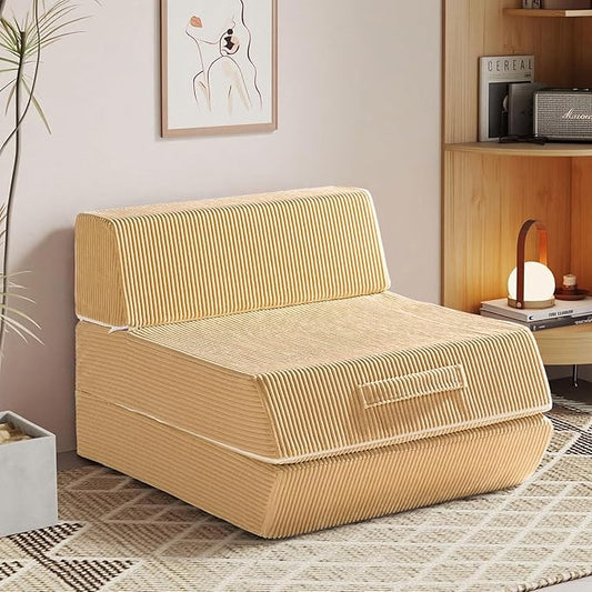 Trenda Folding Sofa Bed, 16lbs Convertible Sleeper Chair with Removable Back Pillow & Handle, Washable Cover Solid Foam Fold Out Chair Bed for Living Room, Apartment, Guest, Single, Camel