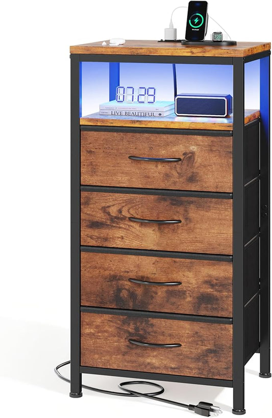 Sweetcrispy Nightstand with Charging Station, Bedside End Table with 4 Fabric Drawers & USB/Type-C Ports and Outlets, Night Stand for Bedroom Furniture, Adjustable Feet and Variable Light Strip, Rust