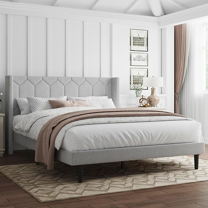 Queen Size Bed Frame with Velvet Upholstered Headboard, Platform Bed Frame No Box Spring Needed, Modern Bedframe with Strong Wooden Slats, Light Gray