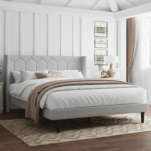 Queen Size Bed Frame with Velvet Upholstered Headboard, Platform Bed Frame No Box Spring Needed, Modern Bedframe with Strong Wooden Slats, Light Gray