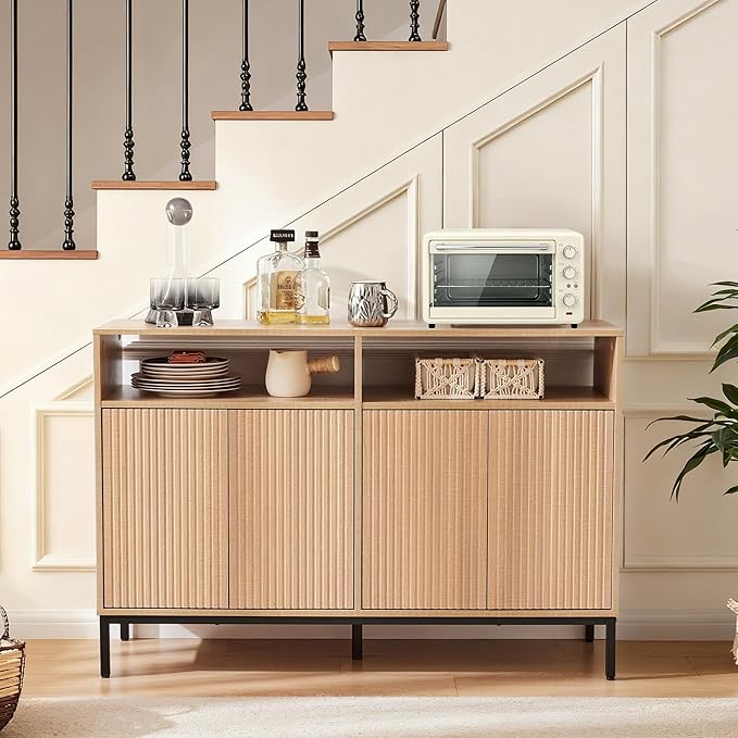 46.4" Fluted Sideboard Buffet Cabinet with Storage, Coffee Bar Console Cabinet with 4 Doors and Adjustable Shelves, Modern Wood Credenza for Kitchen, Living Room, Entryway, Natural