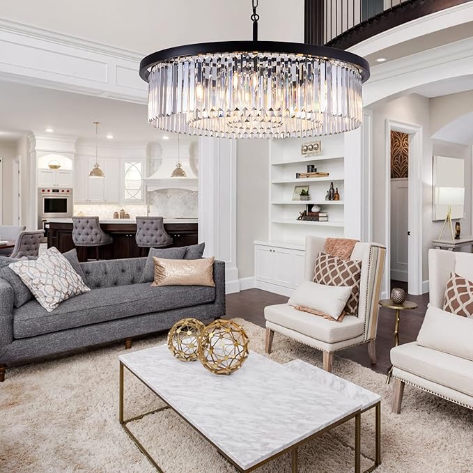 Wellmet Crystal Chandeliers for Dining Room,9 Lights Modern Black Crystal Pendant Light,Farmhouse Chandelier for Bedroom,Ceiling Lighting Fixture for Kitchen Island,Living Room,Hallway,W-33.46”