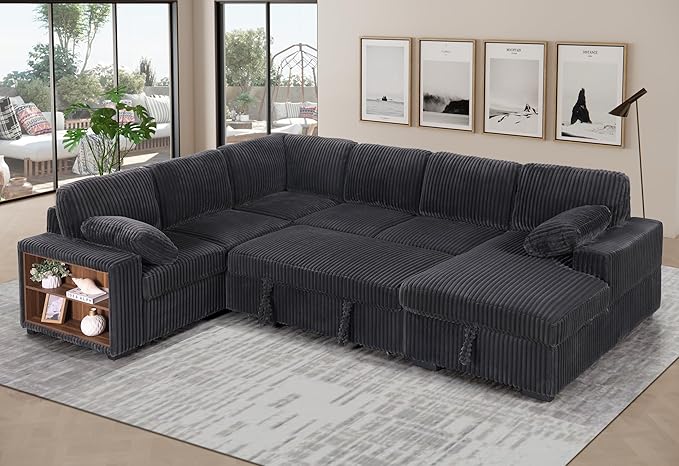 ERYE Oversized U-Shaped Pull Out Sleeper Couch Bed, Modern U Shaped Sleeper Sectional Sofa Corduroy Corner Convertible Sofa Bed with Storage Chaise Lounge and Cabinet