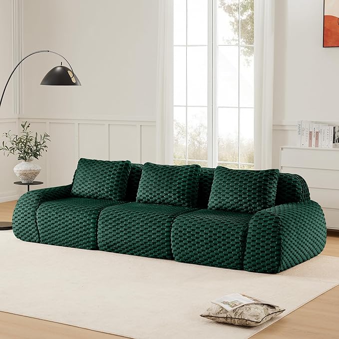 KEIKI 114" Oversized 3-Seater Boneless Couches for Living Room, Deep Seat Modular Sectional Velvet Sofa, Soft Cloud Cushion No Assembly Lounge Couch for Apartment Home, Modern Comfort Design, Green