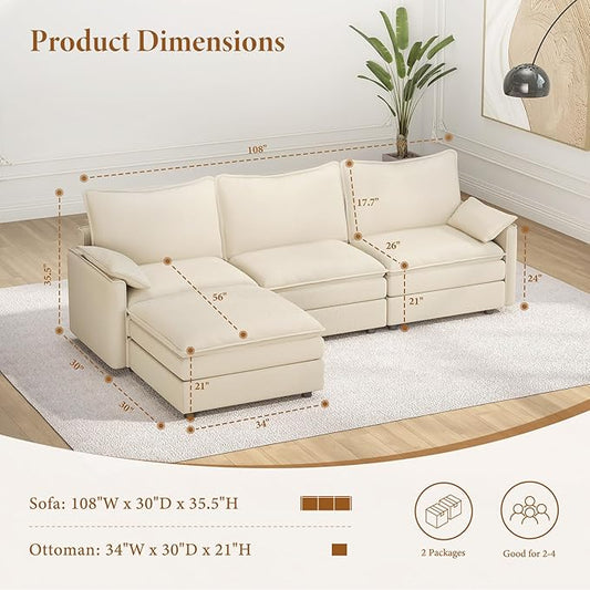Vesgantti 108" Modular Sectional Sofa, Comfy Cloud Couch with Movable Ottoman Deep Seat Chenille L Shaped Modular Sofa, Sectional Couches for Living Room, Bedroom and Apartment, Beige | Sink-in Comfort, Height Adjustable, Easy Rearrangement, Extra-deep...