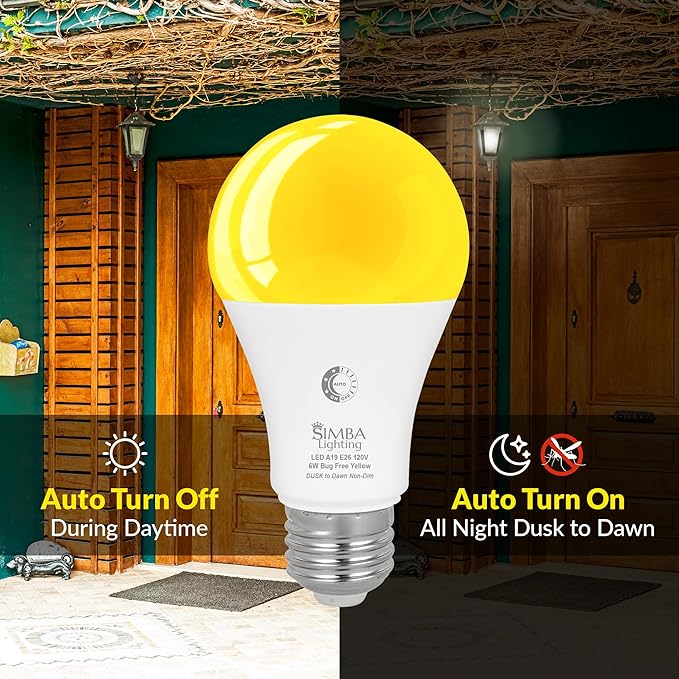 Simba Lighting Bug Non-Attracting Yellow LED Bulb 6W 40W Equivalent (2 Pack), Great for Outdoor Porch Light, Night Light, Dusk-to-Dawn Smart Sensor Auto On/Off, Amber Warm Light, A19 E26 Medium Base