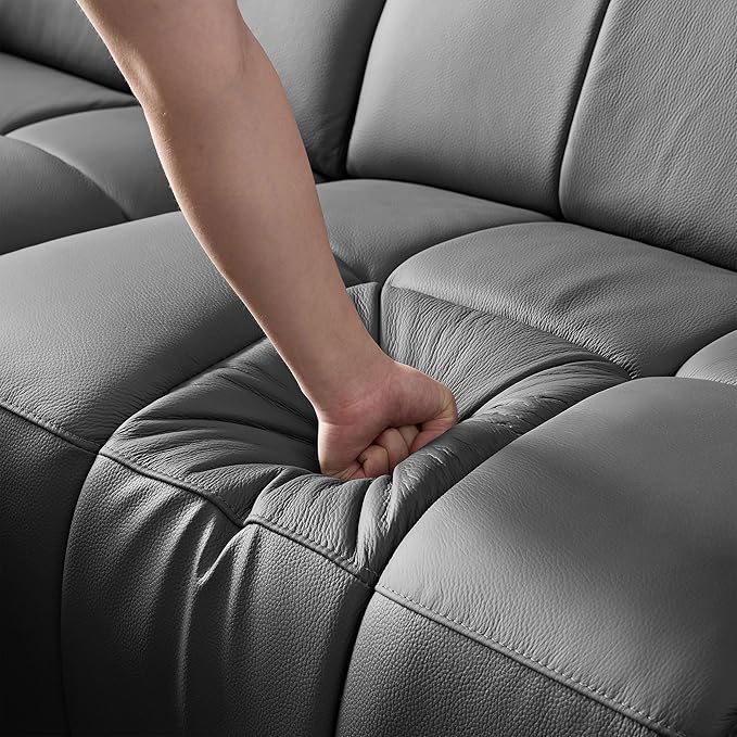 KEIKI 113" L-Shaped Genuine Leather Wall-Hugger Reclining Sofa with Left Chaise, Adjustable Backrest & Footrest, Modern Electric Control 3-Seater Couch with USB, for Living Room, Dark Grey