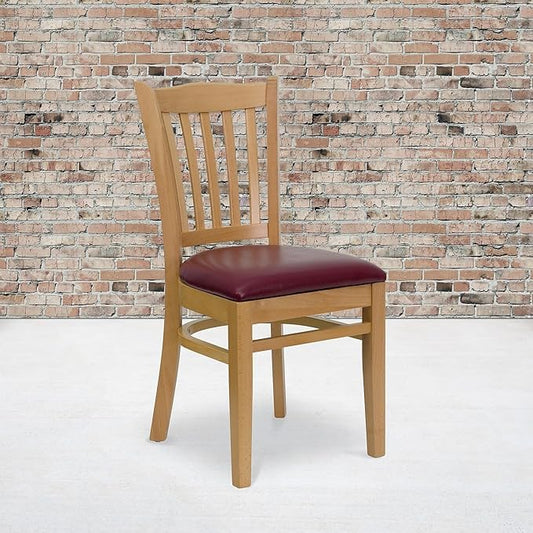 Flash Furniture 2 Pk. HERCULES Series Vertical Slat Back Natural Wood Restaurant Chair - Burgundy Vinyl Seat