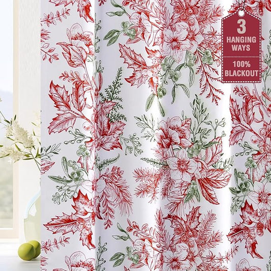 H.VERSAILTEX Christmas 100% Blackout Curtain Thermal Insulated Bedroom Curtains Back Tab/Rod Pocket Vintage Floral Curtains with Black Liner, 2 Panels Set 84 Inch, Christmas Red and Christmas Green