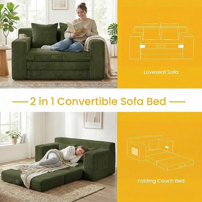 Boneless Loveseat Sleeper Sofa Bed: 3-in-1 Convertible Sofa Bed with Side Pockets & Handle,Pull Out Couch with 2 Pillows,Folding Futon for Small Space,Living Room & Bedroom,Green