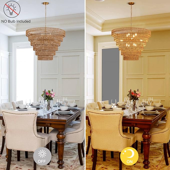 31.5“ Hand-Woven Rattan Chandelier Vintage Farmhouse 12-Lights Boho Bamboo Large Chandeliers Light Fixture 6-Tier Drum Wicker Golden Chandelier for Dining Room, Living Room, Kitchen, E12