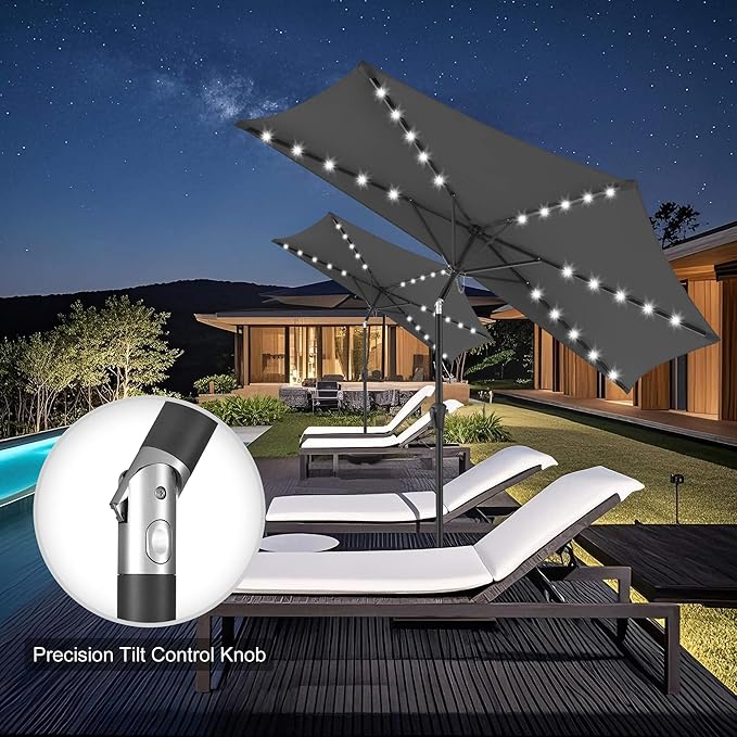FLAME&SHADE 9 FT Solar Half Patio Umbrella with 25 LED Lights, Half Outdoor Umbrella with Button Tilt, Half Round Table Umbrella For Deck, Backyard, Balconies, Decks, Rvs, UV Protection (Anthracite)