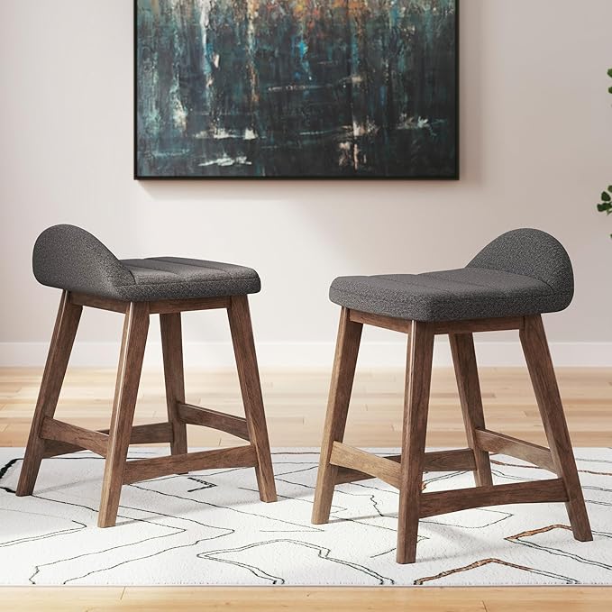 Signature Design by Ashley Lyncott Casual Counter Height Upholstered Bar Stool with Foam Cushion, 2 Count, 24.25" Seat Height, Wood Frame, Charcoal & Brown