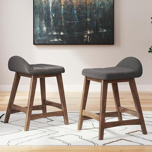 Signature Design by Ashley Lyncott Casual Counter Height Upholstered Bar Stool with Foam Cushion, 2 Count, 24.25" Seat Height, Wood Frame, Charcoal & Brown