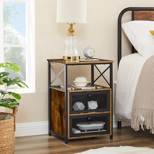 VECELO End Tables Set of 2 with Storage Space,Flip Door Night Stand for Living Room,Bedroom,Small Space,Rustic Brown