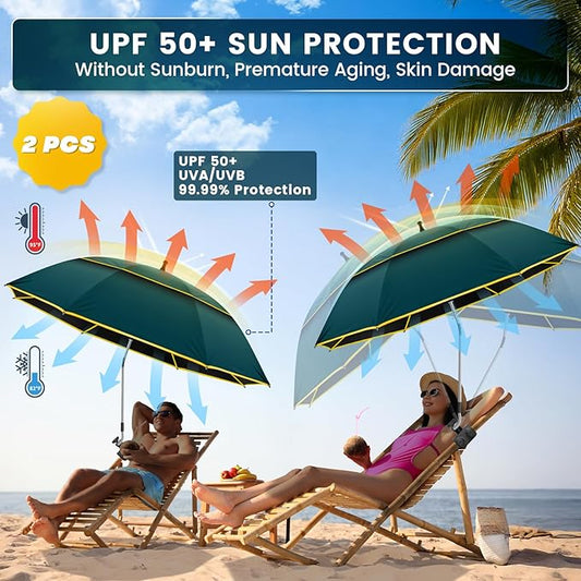Chair Umbrella with Clamp,2PACK 53 inches Double Canopy Beach Chair Umbrella with Universal Clamp,50+ UV Protection,360° Swivel,Folding Clip on Sun Umbrellas for Table,Camping,Bench Chairs,Golf Cart