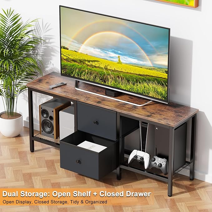 TV Stand Suitable for TVs up to 55 Inches, Entertainment Center with Storage Drawers and Shelves, Media Console Table for Living Room and Bedroom (Brown Black)