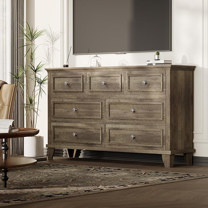 GAOMON Grey Dresser, 7 Drawer Dresser for Bedroom, 47" W Chest of Drawers with Deep Drawers, Closet Dressers with Metal Handle, Thickened Desktop, Wood Rustic Drawers for Hallway, Entryway, Closet