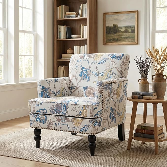 Christopher Knight Home Eve Modern Upholstered Club Chair, Wooden Living Room Accent Chair, Bedroom Comfy Reading Chair, Multifunctional Armchair, Beige+Blue