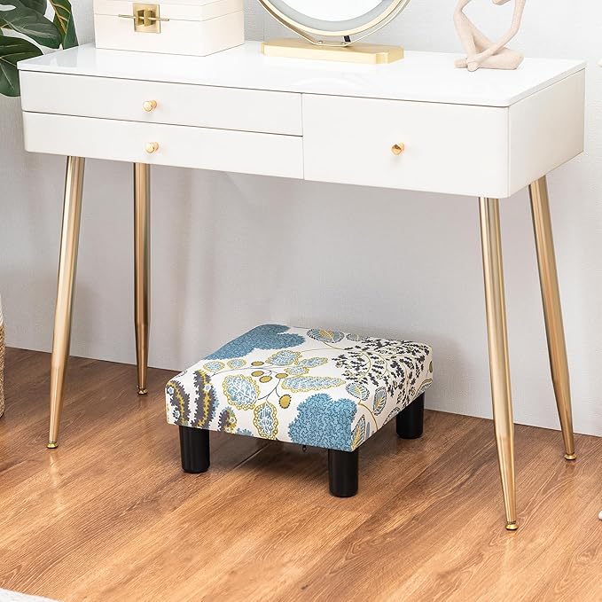 Joveco Small Foot Rest Stool Ottoman, Square Upholstered Fabric Footstool for Couch, Under Desk, Office, Living Room, Blue Floral