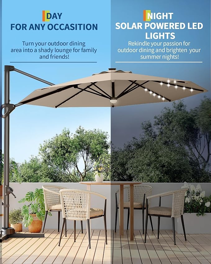 GarveeLife 10FT Patio Umbrella Outdoor Solar LED Large Cantilever Umbrella Market Sun Shade Windproof Offset Umbrella with 360-Degree Rotation for Garden Deck Pool Patio, Tan