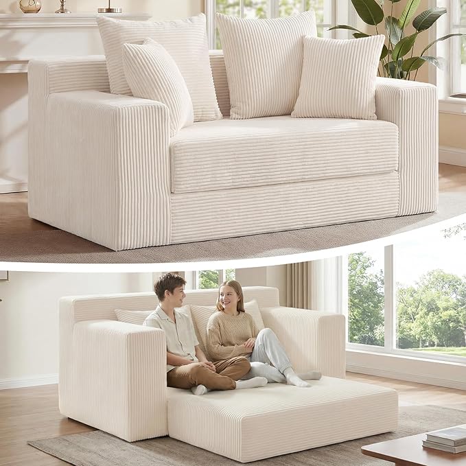3-in-1 Convertible Sofa Bed: Boneless Loveseat Sleeper & Folding Couch Bed with 4 Pillows & Detachable Cushion for Bedroom, Small Space, Guest and Living Room, Corduroy Futon, No Assembly,Beige